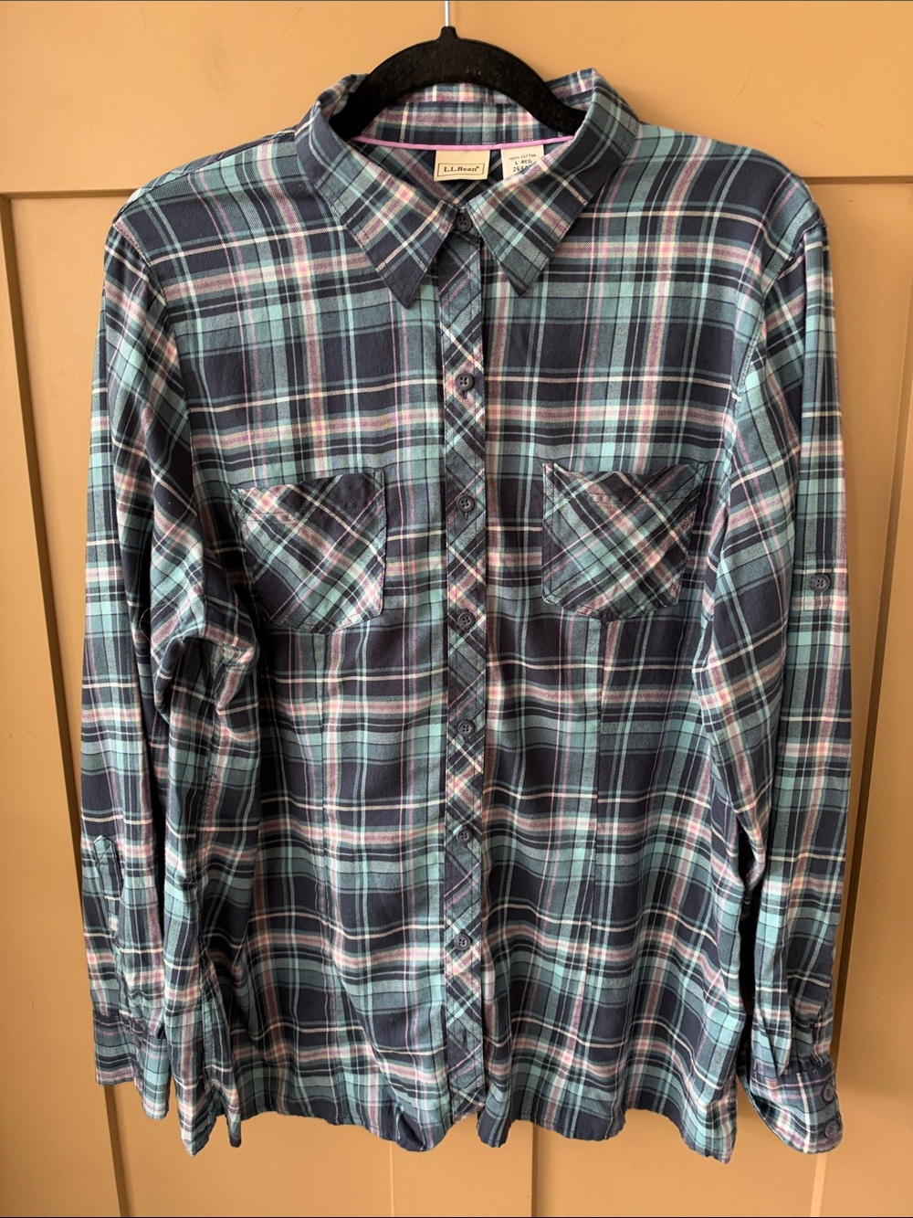 L.L. Bean Women’s L Navy Teal Purple Plaid Button-Down Shirt Light Weight Flanel